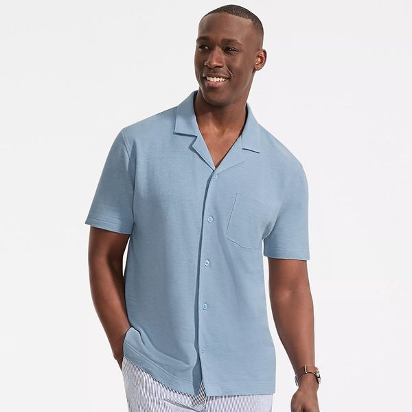 Lands’ End Men’s Short Sleeve Cotton Linen Button Through Camp Collar Shirt