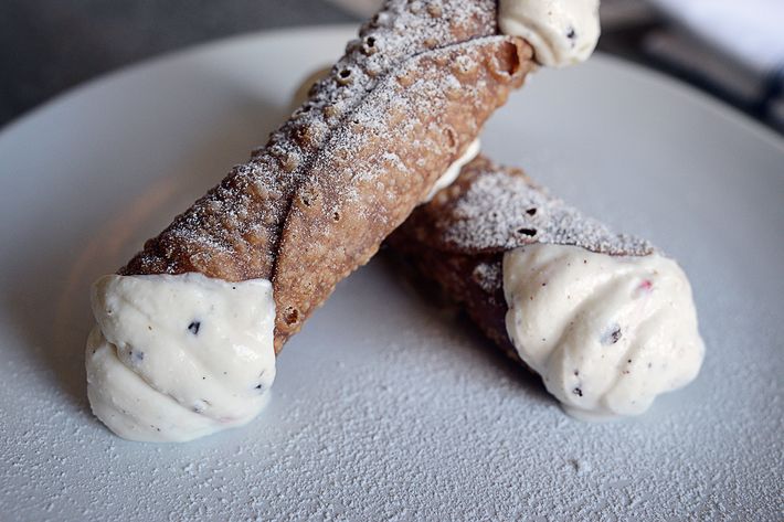 The cannoli are filled with sheep&#8217;s-milk ricotta, dried fruit, and dark chocolate.