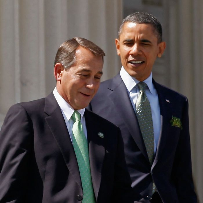 WASHINGTON, DC - MARCH 17: Speaker of the House John Boehner (R-OH) (L) and President Barack Obama leave the U.S. Capitol after a St. Patrick's Day luncheon March 17, 2011 in Washington, DC. Obama will visit Ireland in May as part of a European trip. (Photo by Chip Somodevilla/Getty Images)