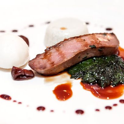 Normandy duck with a foie gras custard, black cherry & baby turnip (Chef Telepan).