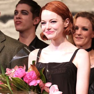 NEW YORK, NY - NOVEMBER 11: Emma Stone during the curtain call for her debut performance in Broadway's 'Cabaret' at Roundabout Theatre Company's Studio 54 on November 11, 2014 in New York City. (Photo by Walter McBride/WireImage)