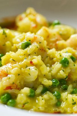 Rock shrimp, peas, saffron, lobster sauce