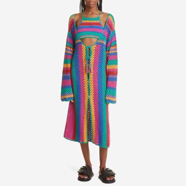 Farm Rio Brunas Stripe Crochet Cover-up Dress