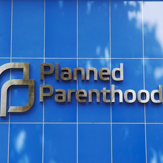 A sign is pictured at the entrance to a Planned Parenthood building in New York