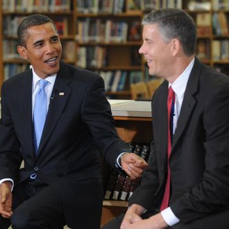 U.S. President Barack Obama (L) and U.S. Education Secretary Arne Duncan host a group discussion with students at Wakefield High School September 8, 2009 in Arlington, Virginia. Obama spoke to students on the first day of the school year, for many in America, encouraging them to study hard and take responsibility for their own education.