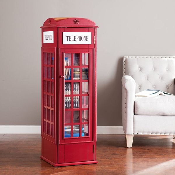 Red Phone Booth Storage Cabinet - 5 Fixed Shelves