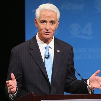 DAVIE, FL - OCTOBER 15: Former Florida Governor and Democratic candidate for Governor Charlie Crist speaks during a televised debate with Republican Florida Governor Rick Scott at Broward College on October 15, 2014 in Davie, Florida. Governor Scott is facing off against Crist in the November 4, 2014 governor’s race. (Photo by Joe Raedle/Getty Images)