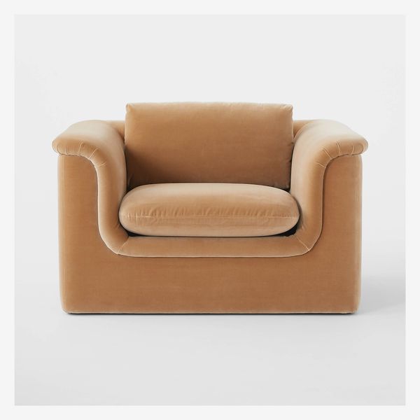 CB2 Camel Brown Velvet Lounge Chair