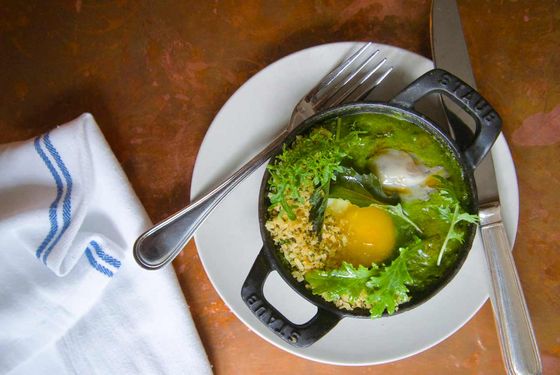 Green Eggs: baked eggs in gumbo z&#8217;herbes.