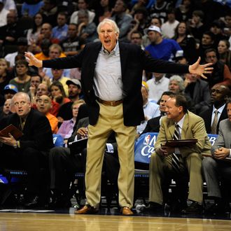 San Antonio Spurs head coach Gregg Popovich yells at his team as they play the Denver Nuggets during the second half on Wednesday, March 23, 2011 at the Pepsi Center. 