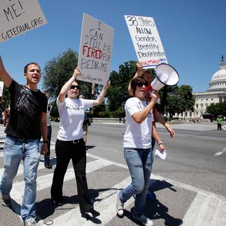 WASHINGTON - MAY 20: Members of GetEQUAL, a lesbian, gay, bisexual and transgender organization, stage a protest on Capitol Hill May 20, 2010 in Washington, DC. Activists call on Democratic congressional leaders to keep their promise to schedule a vote for the Employment Non-Discrimination Act (ENDA) this legislative year. (Photo by Alex Wong/Getty Images)