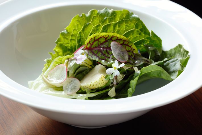 Butter lettuce, pickled green strawberry, and herb sauce.