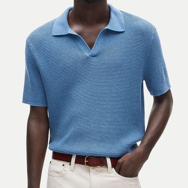 J.Crew Short-Sleeve Cotton Waffle-Knit Johnny-Collar Sweater-Polo