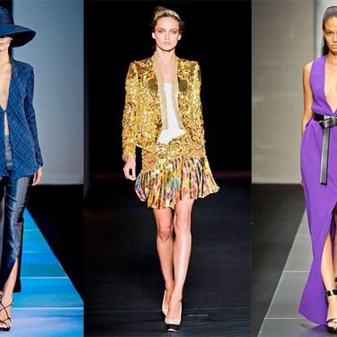 From left: spring looks from Giorgio Armani, Roberto Cavalli, and Gianfranco Ferré