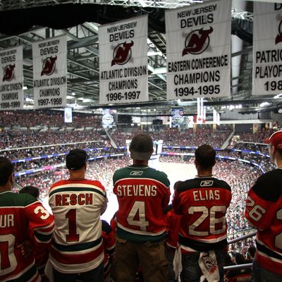 New Jersey Devils fans cheer in the stands during Game One of the 2012 NHL Stanley Cup Final against the Los Angeles Kings