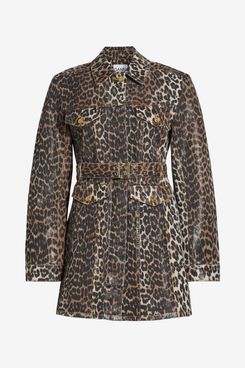 Ganni Leopard Print Denim Mini Shirtdress
