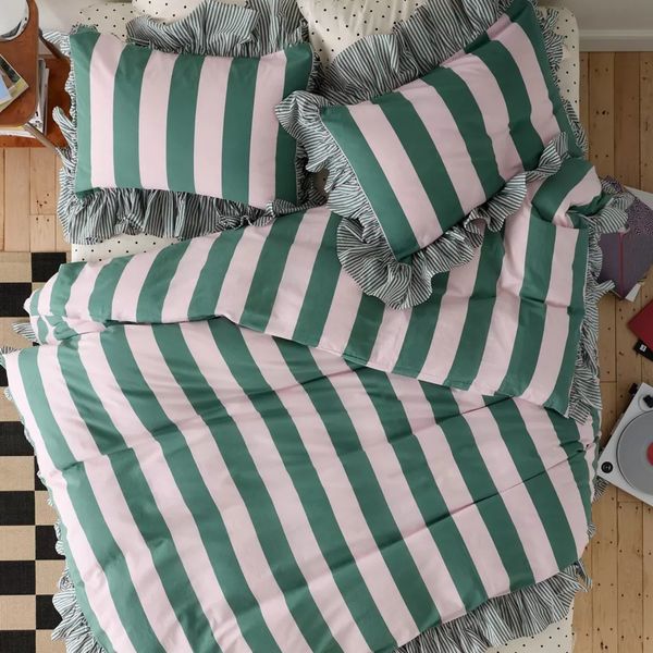 Urban Outfitters Striped Ruffle Duvet Cover Set