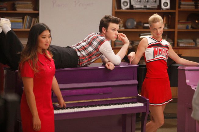 GLEE:  Tina (Jenna Ushkowitz, L), Kurt (Chris Colfer) and Brittany (Heather Morris, R) in "The Purple Piano Project" the season premiere episode of GLEE airing Tuesday, Sept. 20 (8:00-9:00 PM ET/PT) on FOX. ?2011 Fox Broadcasting Co. Cr: Adam Rose/FOX