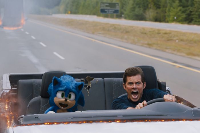 Sonic (Ben Schwartz) and James Marsden in SONIC THE HEDGEHOG from Paramount Pictures and Sega. Photo Credit: Courtesy Paramount Pictures and Sega of America.