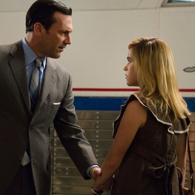 Jon Hamm as Don Draper and Kiernan Shipka as Sally Draper - Mad Men _ Season 7B, Episode 10 - Photo Credit: Michael Yarish/AMC