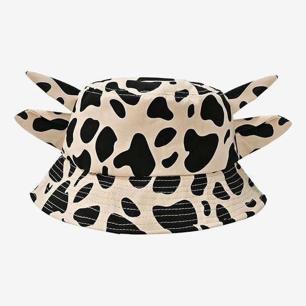Qanqiuple Cow Print Bucket Hat with Horn Ears