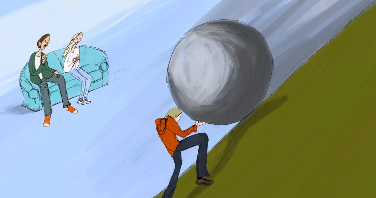 Two people sitting on a couch watching another person pushing a boulder up a hill