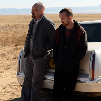 Walter White (Bryan Cranston) and Jesse Pinkman (Aaron Paul) - Breaking Bad _ Season 5, Episode 11 - Photo Credit: Ursula Coyote/AMC