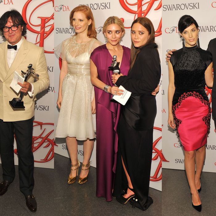 From left: Matt Bomer with Billy Reid, Jessica Chastain with Ashley and Mary-Kate Olsen, and Jessica Paré with Reed Krakoff.