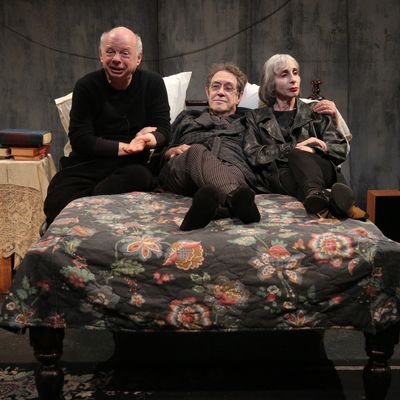 Wallace Shawn, Larry Pine, and Deborah Eisenberg in The Designated Mourner, written by Wallace Shawn and directed by Andr? Gregory, a co-production with Theatre for a New Audience, running through August 25 at The Public Theater at Astor Place. Photo credit: Joan Marcus.