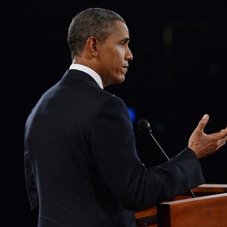 U.S. President Barack Obama speaks during the Presidential Debate at the University of Denver on October 3, 2012 in Denver, Colorado. The first of four debates for the 2012 Election, three Presidential and one Vice Presidential, is moderated by PBS's Jim Lehrer and focuses on domestic issues: the economy, health care, and the role of government.