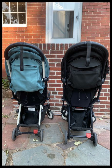 Photo of two different versions of the Yoyo stroller side by side with the Yoyo 2 on the left and the Yoyo 3 on the right.