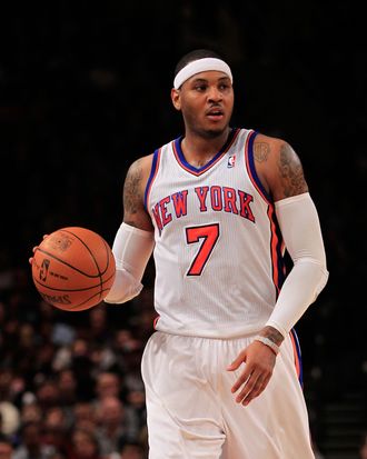 Carmelo Anthony #7 of the New York Knicks dribbles against the Charlotte Bobcats at Madison Square Garden on January 9, 2012 in New York City.