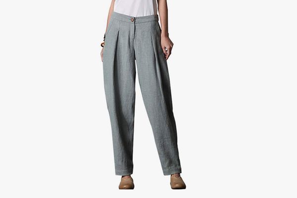 Minibee Women's Casual Linen Pants Elastic Waist Tapered Pants Trousers With Pockets