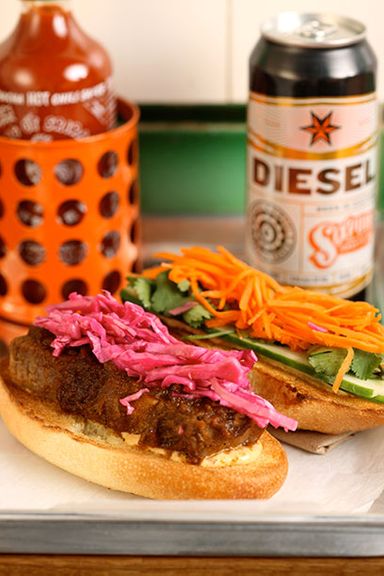 Ginger Barbeque Brisket Num Pang with Pickled Red Cabbage
