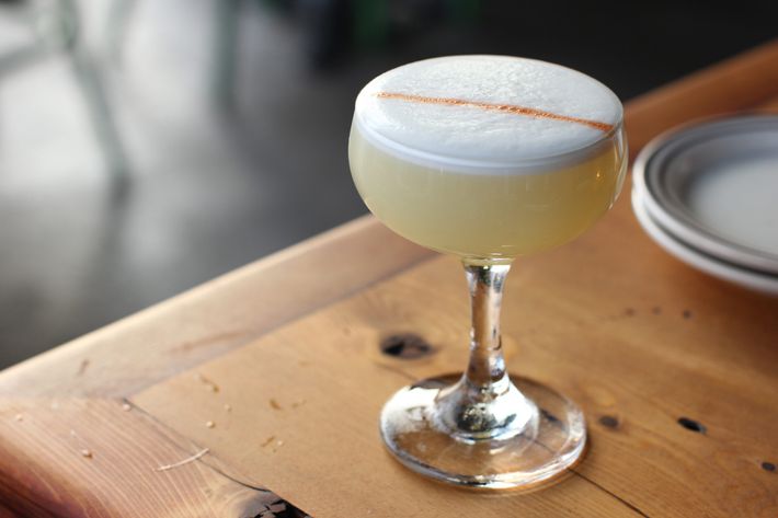 Safety Third: pisco, lemon, Banane du Brésil, and egg white.