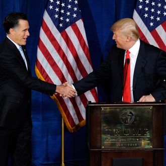 LAS VEGAS, NV - FEBRUARY 02: Republican presidential candidate, former Massachusetts Gov. Mitt Romney (L) and Donald Trump shake hands during a news conference held by Trump to endorse Romney for president at the Trump International Hotel & Tower Las Vegas February 2, 2012 in Las Vegas, Nevada. Romney came in first in the Florida primary on January 31 and is looking ahead to Nevada's caucus on February 4. (Photo by Ethan Miller/Getty Images)