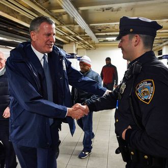 Bill de Blasio greets New York City Subway riders