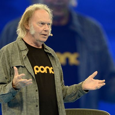SAN FRANCISCO, CA - OCTOBER 16: Neil Young delivers a keynote speech at Salesforce.com's Dreamforce 2014 Conference at Moscone South on October 16, 2014 in San Francisco, California. (Photo by Tim Mosenfelder/Getty Images)