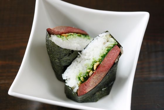 Corned beef tongue musubi, cilantro, peanut.