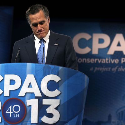 Former Republican presidential candidate and former Massachusetts Governor Mitt Romney delivers remarks during the second day of the 40th annual Conservative Political Action Conference (CPAC) March 15, 2013 in National Harbor, Maryland. The American conservative Union held its annual conference in the suburb of Washington, DC, to rally conservatives and generate ideas. 