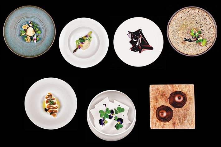 Atera&#8217;s tasting menu: Courses, from top row: 13. Halibut with cucumber; 14. Asparagus with lovage and whey; 15. Foie gras with black currant and peanut; 16. Lamb en croûte with onion. Bottom row: 17. Chamomile with meringue, vanilla, and lemon; 18. Pine with rhubarb and yogurt; 19. Flødeboller.