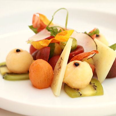 Pantalao Cheese, Kiwi, Garden Basil, Orange Oil, Cantaloupe Sorbet