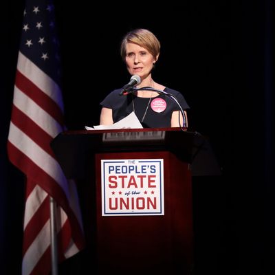 Actress Cynthia Nixon speaks onstage at The People's State Of The Union at Townhall on January 29, 2018 in New York City. (Photo by Cindy Ord/Getty Images for We Stand United)