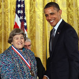 WASHINGTON, DC - OCTOBER 21: U.S. President Barack Obama (R) awards the National Medal of Technology to Ms. Yvonne C. Brill of Skillman, New Jersey, for innovation in rocket propulsion systems for geosynchronous and low earth orbit communication satellites, which greatly improved the effectiveness of space propulsion systems at the White House October 21, 2011 in Washington, DC. Obama honored the recipients of the National Medal of Science and National Medal of Technology and Innovation the highest honors bestowed by the United States government on scientists, engineers, and inventors. (Photo by Win McNamee/Getty Images)