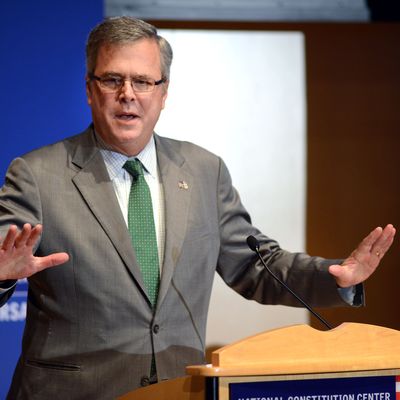 Former Florida Gov. Jeb Bush speaks to the media after being named Chairman of the National Constitution Center's Board of Trustees December 6, 2012 in Philadelphia, Pennsylvania. He will succeed President William J. Clinton, who has served as Chairman since January 2009. Governor Bush's father President George H.W. Bush served as Chairman prior to Clinton.