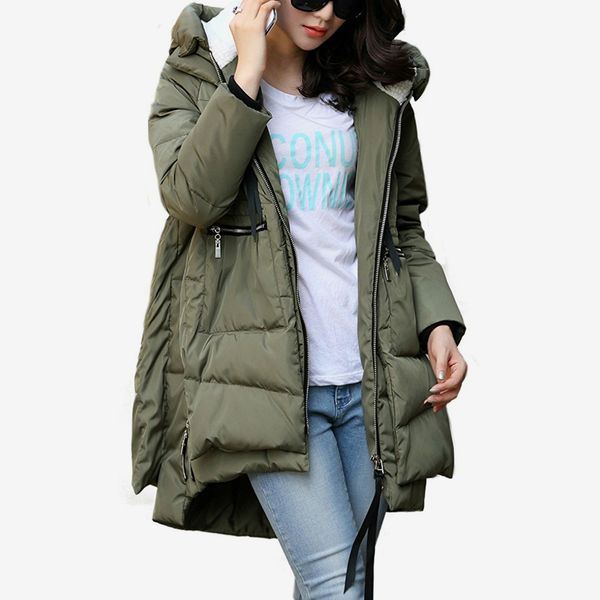 Women Plus Size Fleece Down Winter Jacket Lined Hooded Warm Zipper Thicken Coat Outerwear