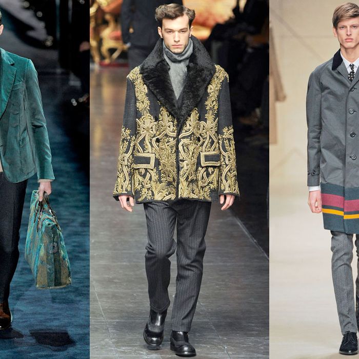 From left: new menswear looks from Gucci, Dolce & Gabbana, and Burberry.