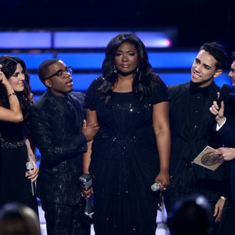  American Idol Season 12 Winner Candice Glover (C) speaks onstage during Fox's 