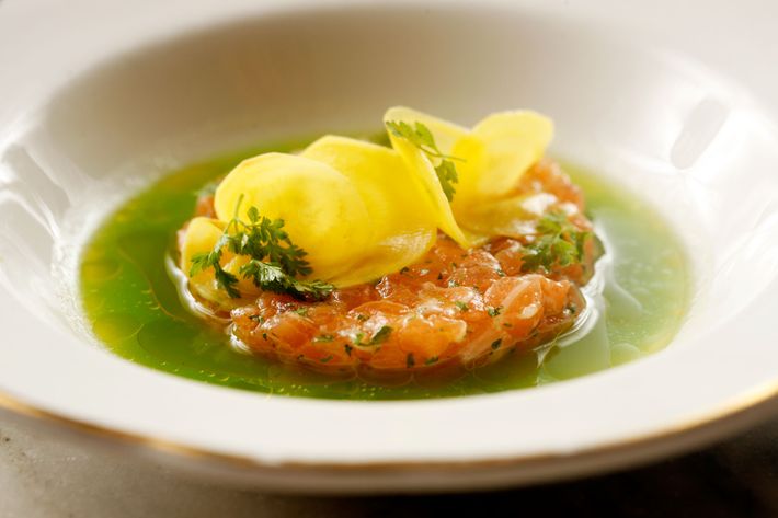 Salmon tartare with pickled beets, chervil, and spring-pea brodetto.