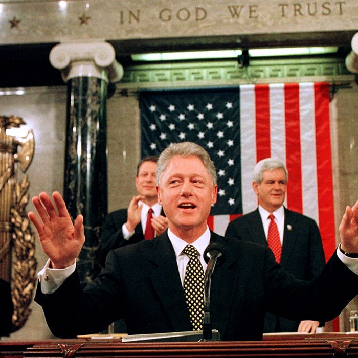 WASHINGTON, DC - JANUARY 27: US President Bill Clinton acknowledges the applause as he starts his State of The Union address to the 105th Congress and the American people 27 January on Capitol Hill in Washington. Clinton defended the Social Security program, promoted a raise in the minimum wage, proposed improvements in education and asked Congress to approve a consumer bill of rights for medical care. AFP PHOTO JOE MARQUETTE (Photo credit should read JOE MARQUETTE/AFP/Getty Images)